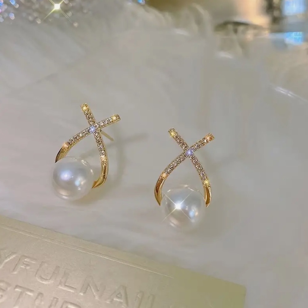 Gold Pearl Cross-Accent Stud Earrings